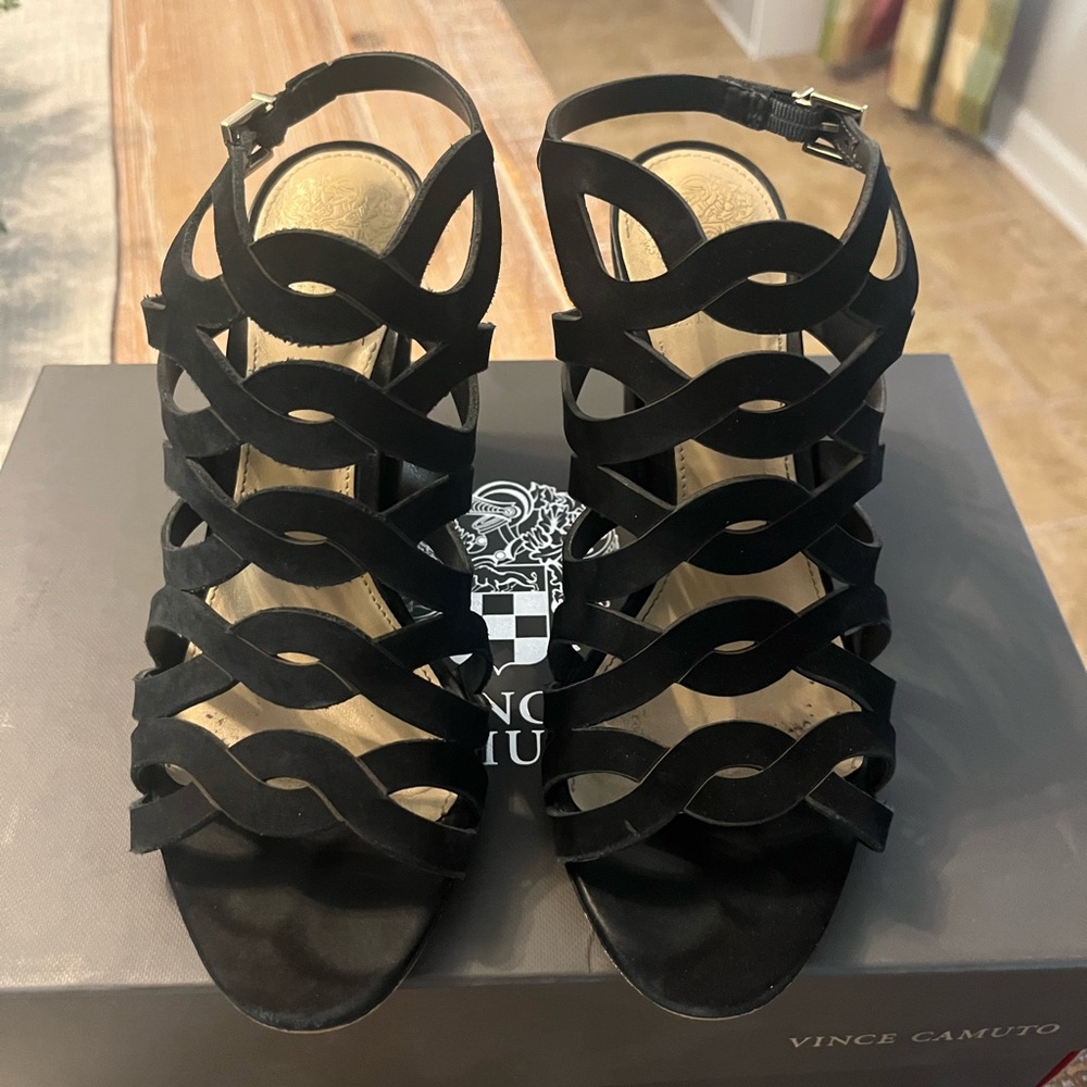 Vince Camuto Black Suede Wave-Strap Heeled Sandals
